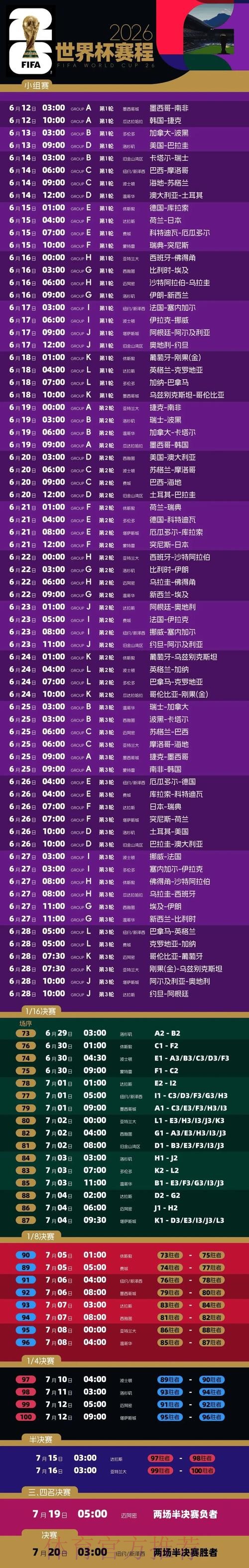 2026世界杯每日赛程实时更新完整安排实时查看